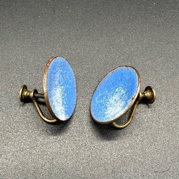 Vintage Screw Back Earrings Blue White Enamel On Copper Round AVM Celestial - Picture 4 of 9